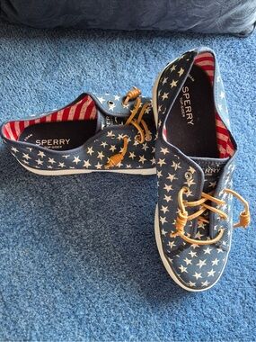 Sperry Navy Star Canvas Boat Shoes with Tan Laces and Red Striped Lining